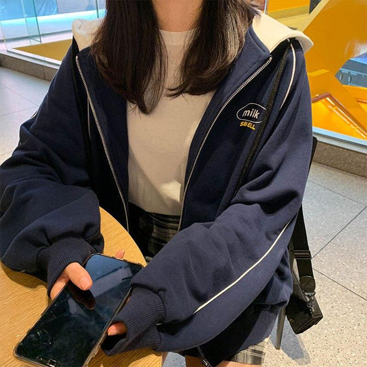 Zip Up "Milk" Hoodie Hoodies & Sweatshirts Catherine's wardrobe Store Navy Blue S 