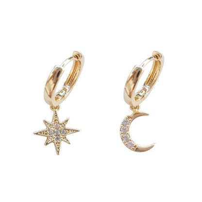 Crescent Moon & Star Asymmetric Earrings - FashionAngelz