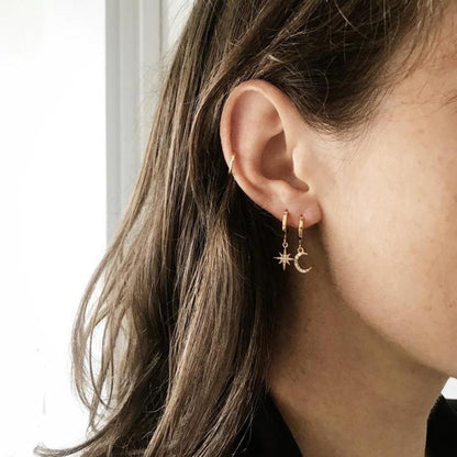 Crescent Moon & Star Asymmetric Earrings - FashionAngelz
