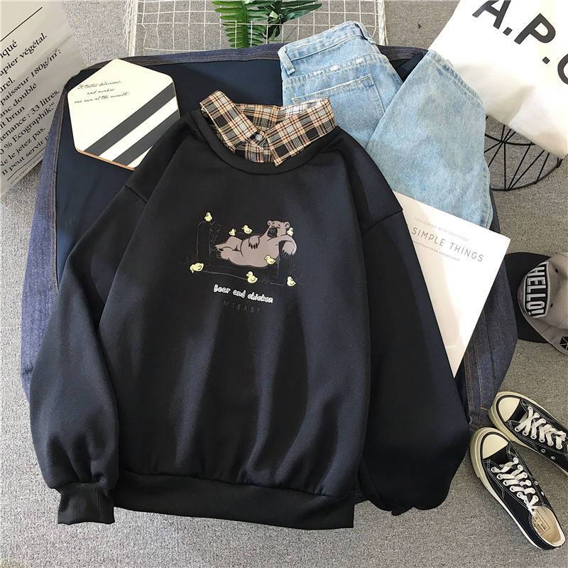 Bear & Chick Pullover Hoodies & Sweatshirts Goddess of luck Store Midnight Black S 