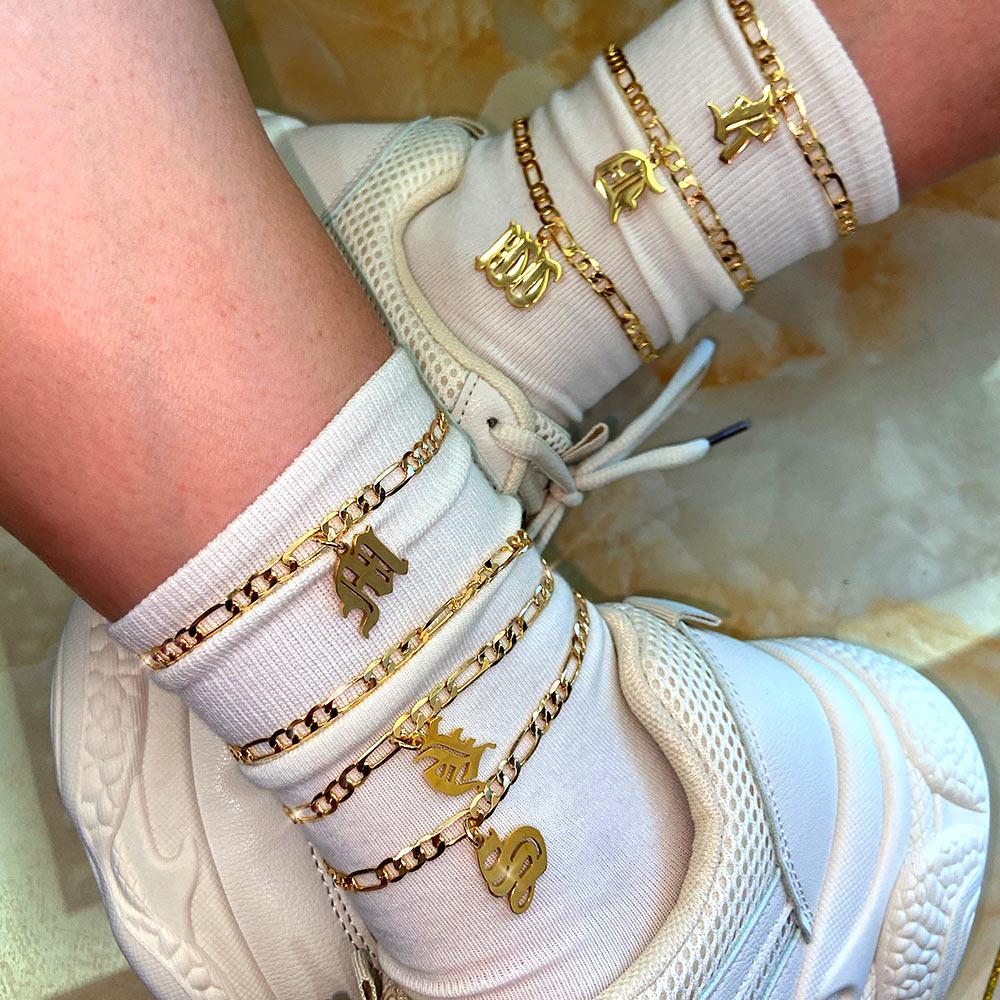Old English Cuban Initial Anklet - FashionAngelz
