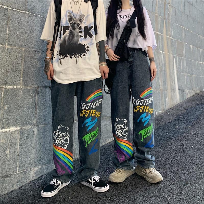 Graffiti Print Jeans Jeans SHENGPALAE Official Store 