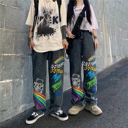 Graffiti Print Jeans Jeans SHENGPALAE Official Store 