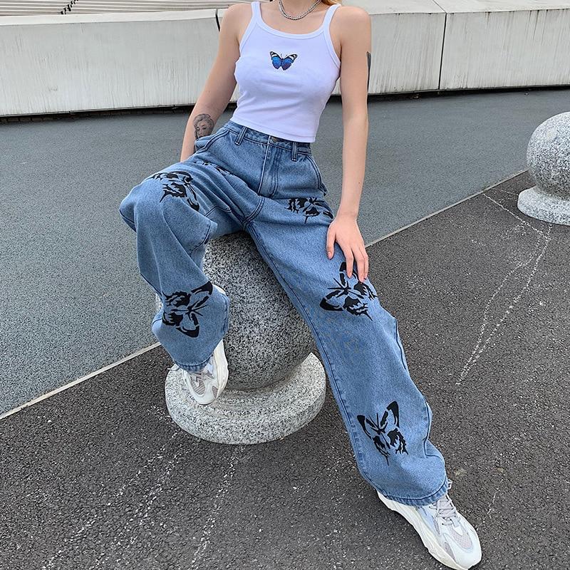 Wide Leg Butterfly Jeans Jeans SHENGPALAE Official Store 