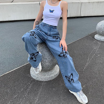 Wide Leg Butterfly Jeans Jeans SHENGPALAE Official Store 
