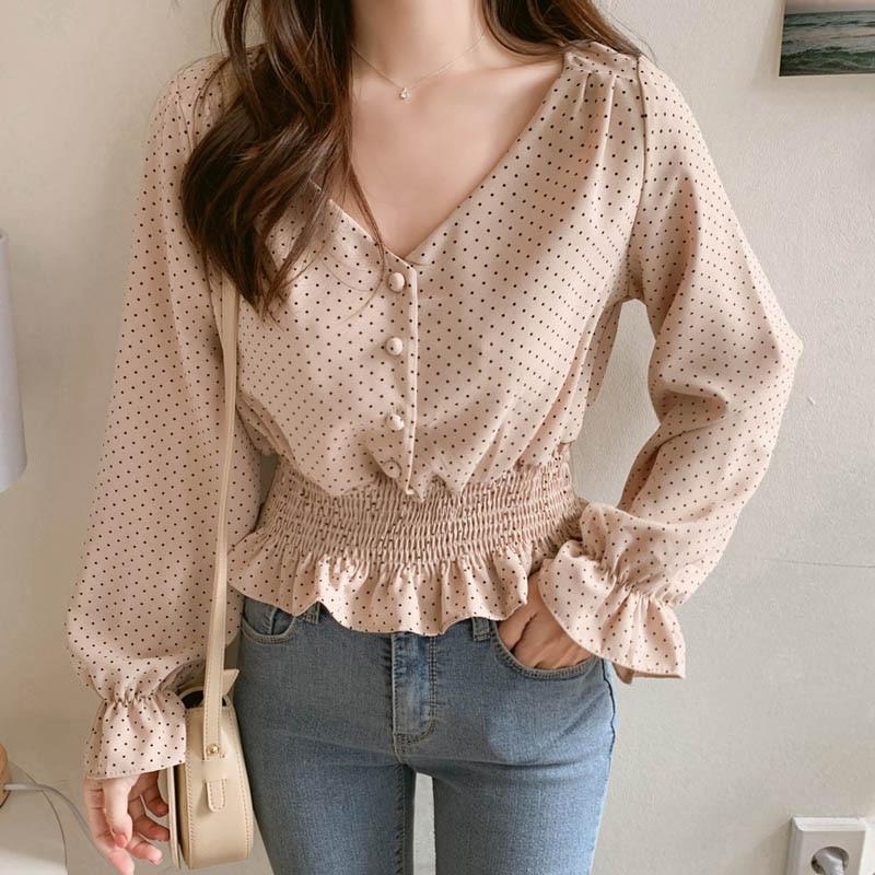 Vintage V Neck Polka Blouse - FashionAngelz