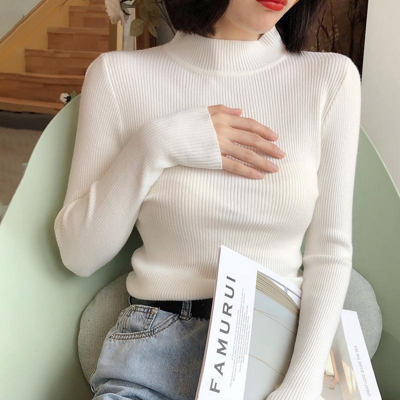 Ribbed Turtleneck Pullovers Ezsskj Knit Store Snow White One Size 
