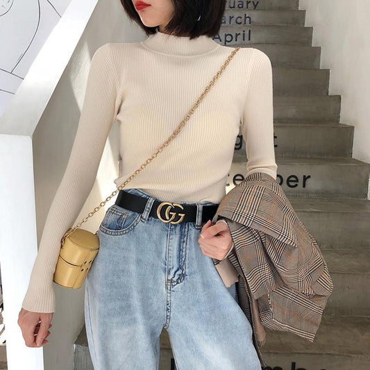 Ribbed Turtleneck Pullovers Ezsskj Knit Store Beige One Size 