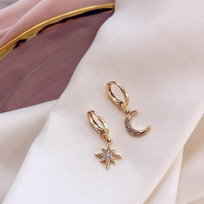 Crescent Moon & Star Asymmetric Earrings - FashionAngelz