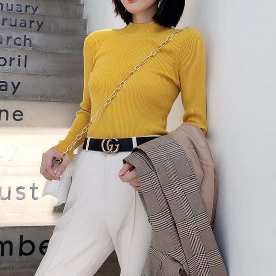 Ribbed Turtleneck Pullovers Ezsskj Knit Store Mustard One Size 