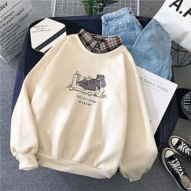 Bear & Chick Pullover Hoodies & Sweatshirts Goddess of luck Store Beige S 