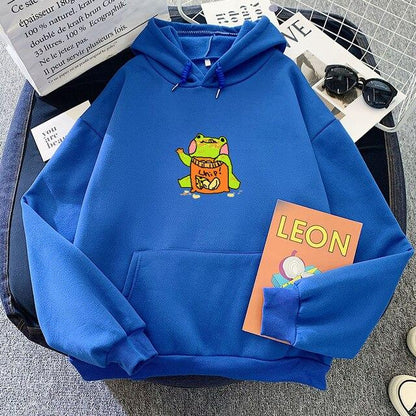 Cute Frog Eating Chips Hoodie Hoodies & Sweatshirts KEEVICI Factory Store Deep Blue S 