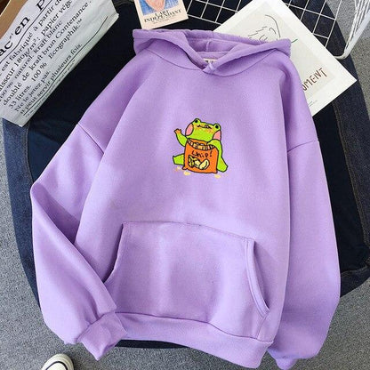 Cute Frog Eating Chips Hoodie Hoodies & Sweatshirts KEEVICI Factory Store 