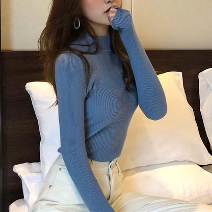 Ribbed Turtleneck Pullovers Ezsskj Knit Store Sky Blue One Size 