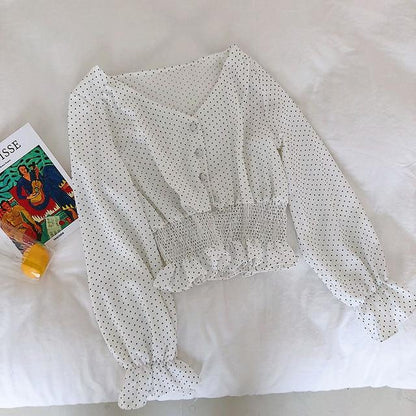 Vintage V Neck Polka Blouse - FashionAngelz