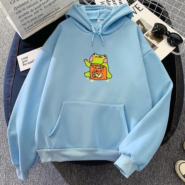 Cute Frog Eating Chips Hoodie Hoodies & Sweatshirts KEEVICI Factory Store 