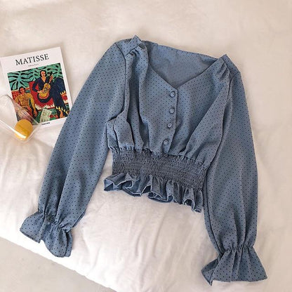 Vintage V Neck Polka Blouse - FashionAngelz