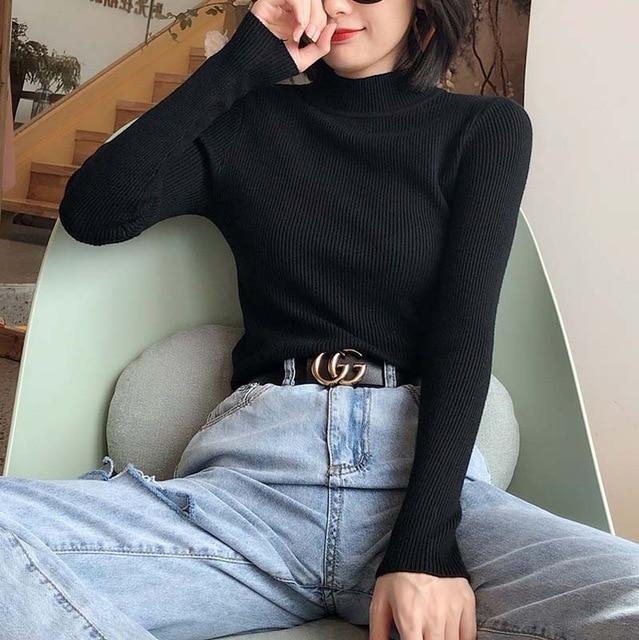 Ribbed Turtleneck Pullovers Ezsskj Knit Store Midnight Black One Size 