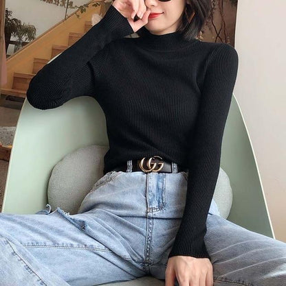 Ribbed Turtleneck Pullovers Ezsskj Knit Store Midnight Black One Size 