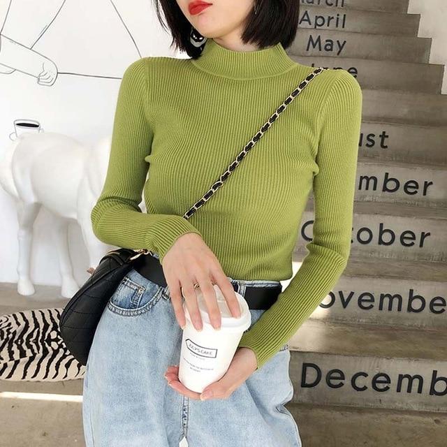 Ribbed Turtleneck Pullovers Ezsskj Knit Store Lime Green One Size 