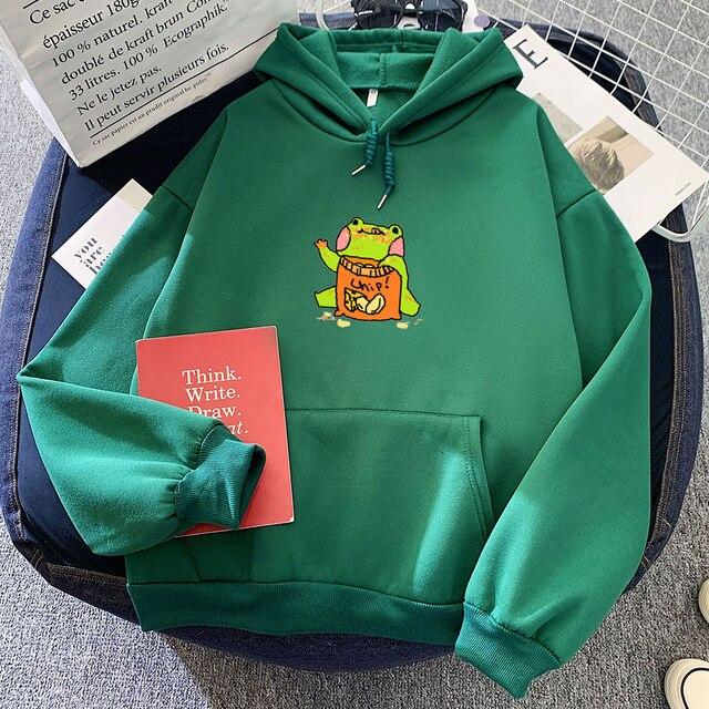 Cute Frog Eating Chips Hoodie Hoodies & Sweatshirts KEEVICI Factory Store 